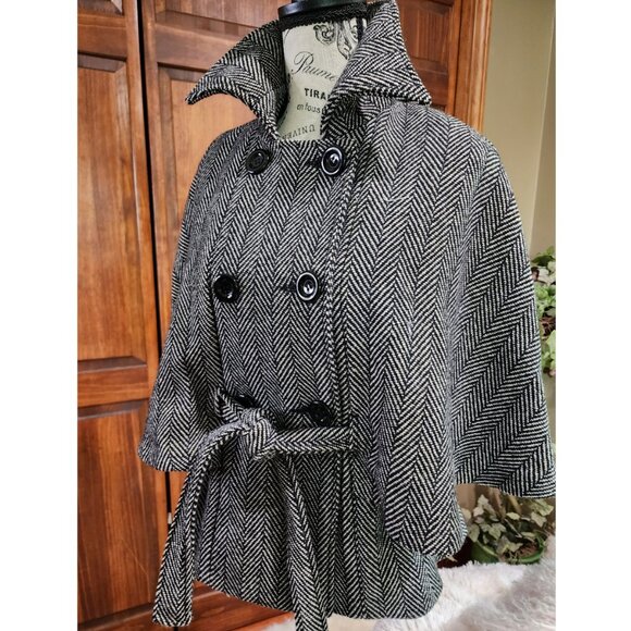 CEJON Belted & Caped "Holmes" Jacket S/M Black Ivory Gold Thread Herringbone - Picture 1 of 7